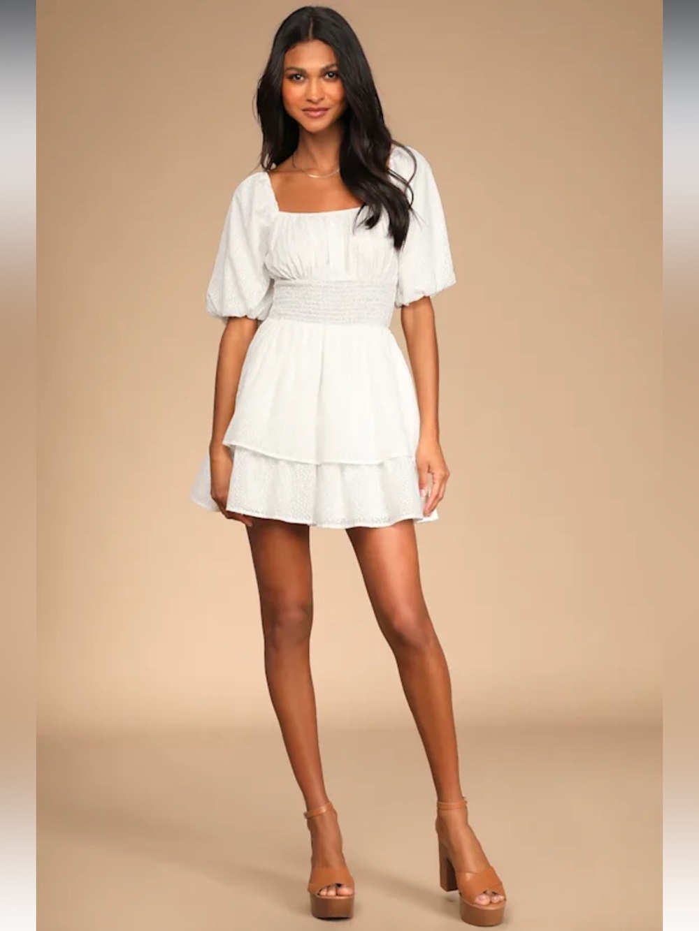 Tiers To Me White Puff Sleeve Tiered Skater Mini Dress